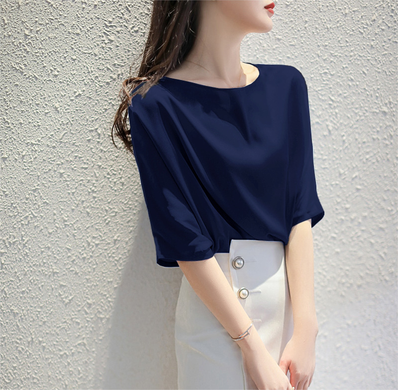 2026 Early Autumn S298 Small Lapel Blouse Women Summer Silk Top Half Sleeve Shirt