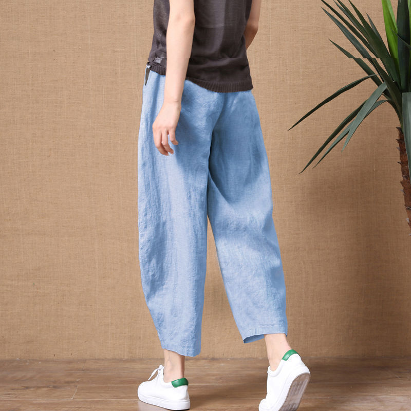 Summer Loose Breathable Seven-tenths Pants Cotton-linen Solid Elastic Waist Women's Wide-leg Pants Simple Casual Pants
