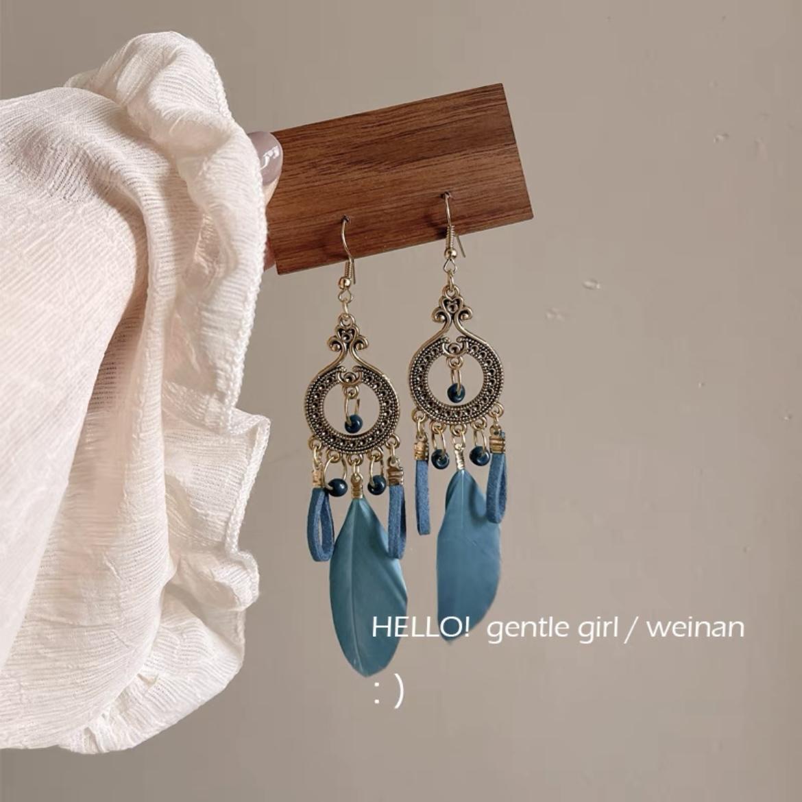 Super fairy tassel ear hooks summer ethnic style Bohemian s925 silver earrings no ear hole ear cuffs feather earrings women