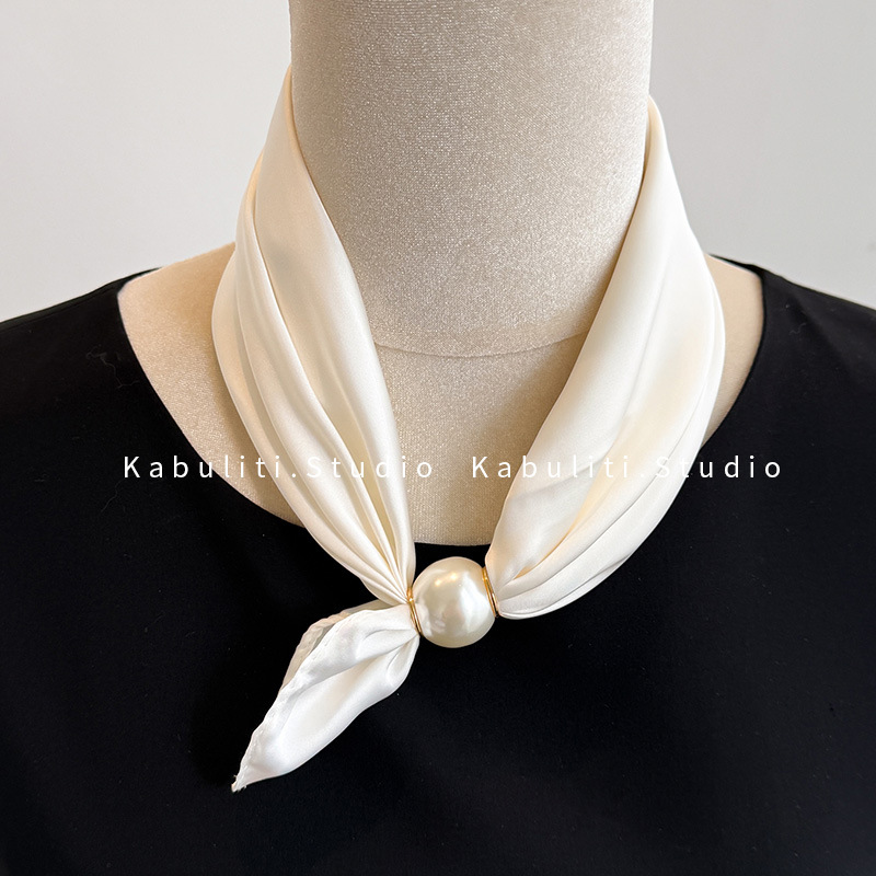 Off-white magnetic buckle pearl necklace, narrow small ears long strip silk scarf for women, neck protection matching shirt thin scarf