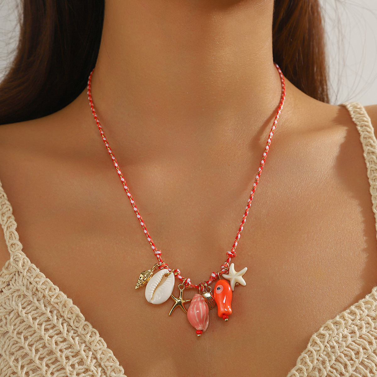 Jewelry colorful rope woven ocean style shell starfish ceramic fish pendant Bohemian summer necklace