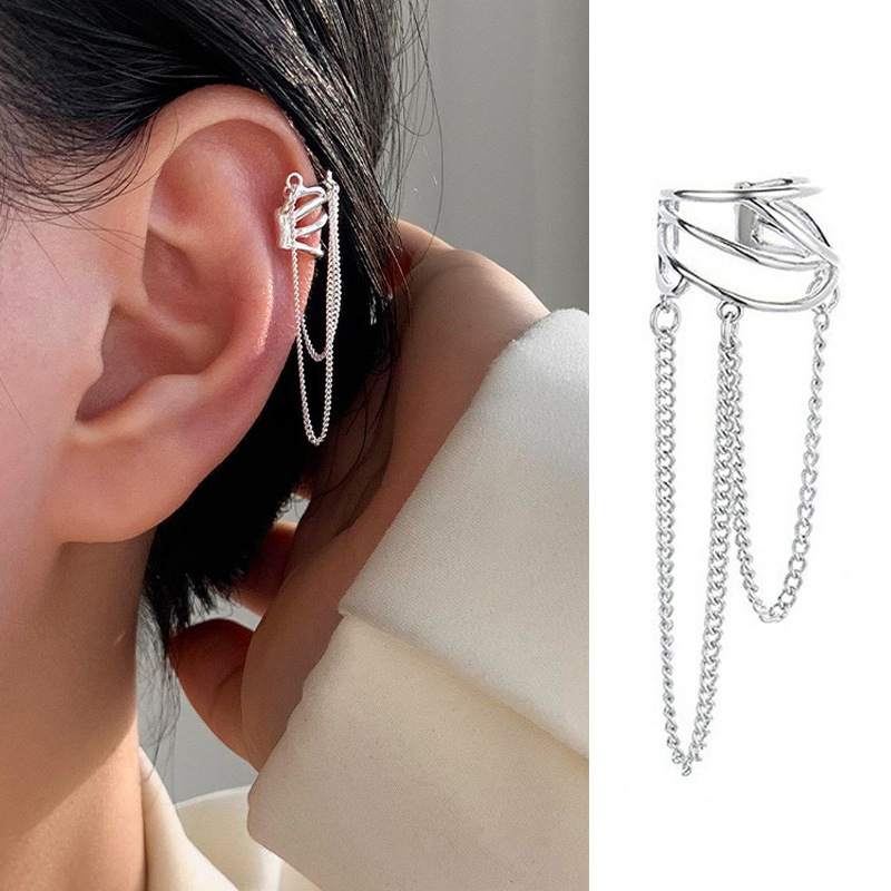 Bow Ear Clip No Piercing Chanel Style Earring Face Slimming Zircon Long Tassel Ear Cuff for Women