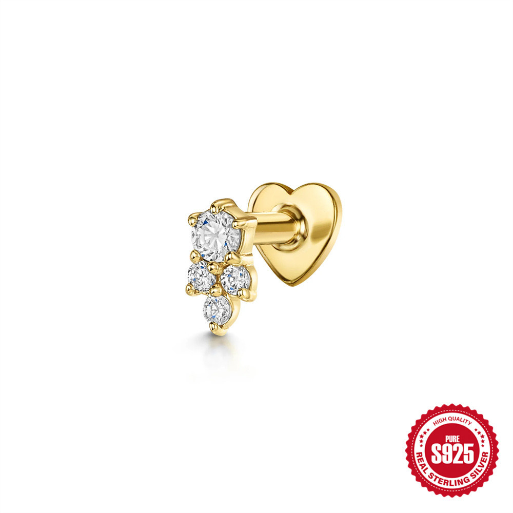S925 sterling silver tassel chain diamond-set heart flat head threaded ear bone studs women's ear accessories