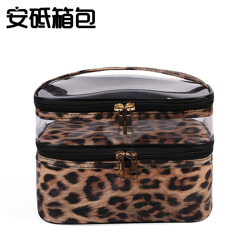 New Marble Transparent Leopard Print Double-Layer Cosmetic Bag Waterproof Portable Toiletry Bag Storage Bag for Women
