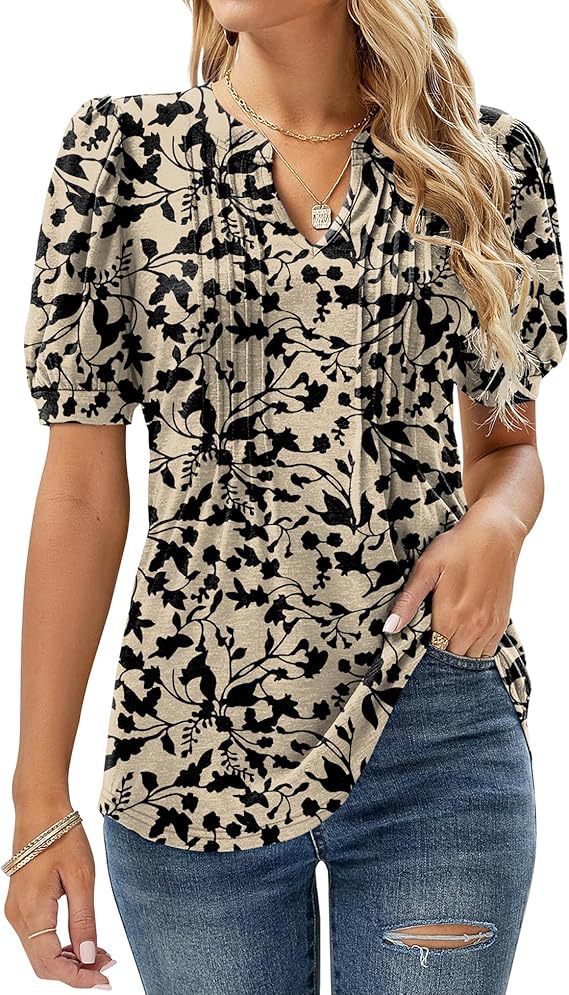 2026 Women's V-Neck Bubble Short Sleeve Pleated T-Shirt Women's Casual Top