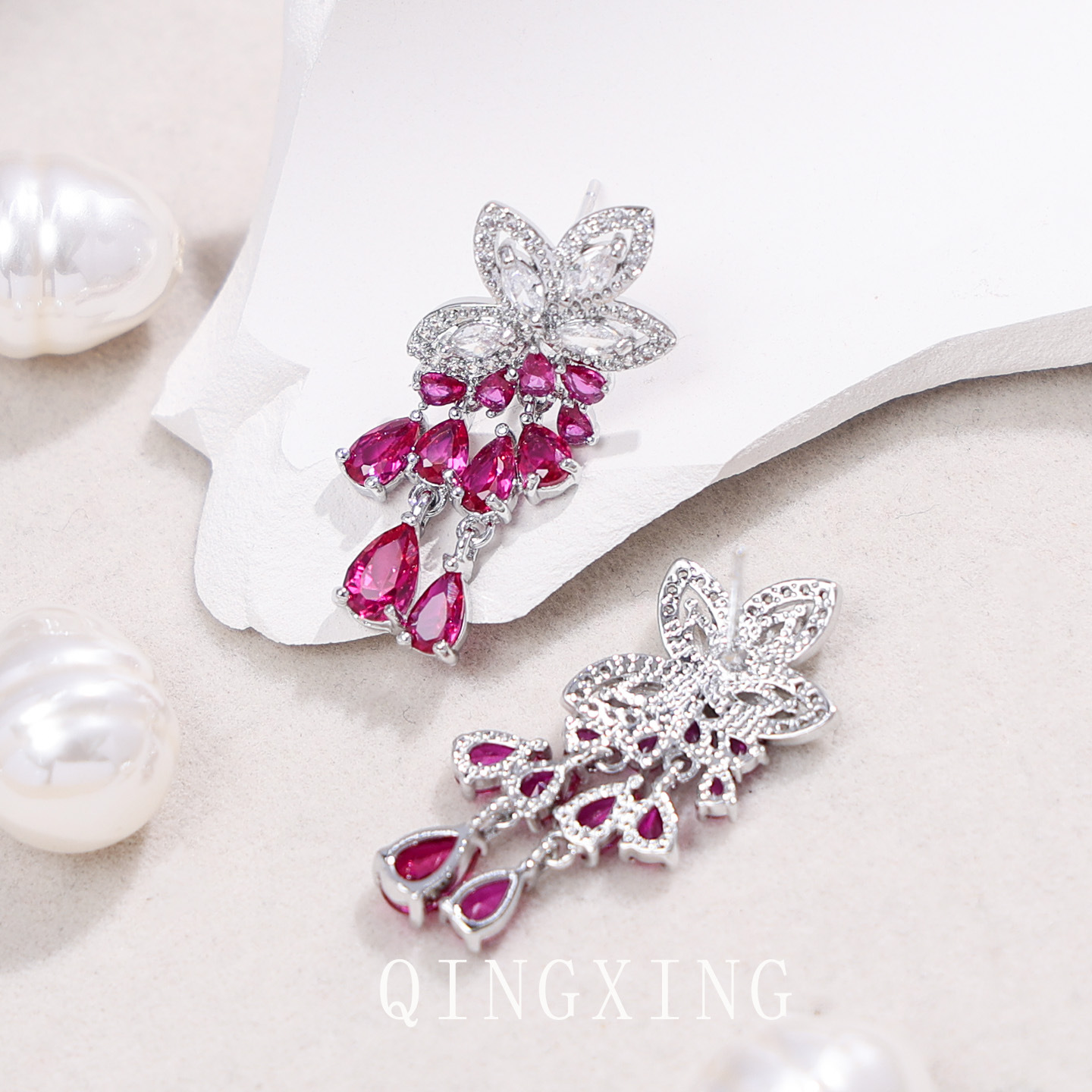 Red Corundum Tassel Earrings Heavy Craft Full Diamond Flower Earrings Banquet Dress Earrings Women's