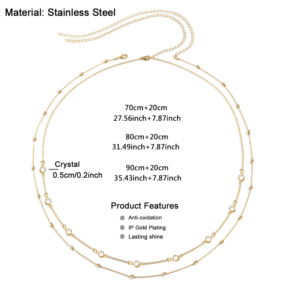 Exquisite sexy stainless steel crystal bead chain spliced double-layer waist chain, beach vacation accessory