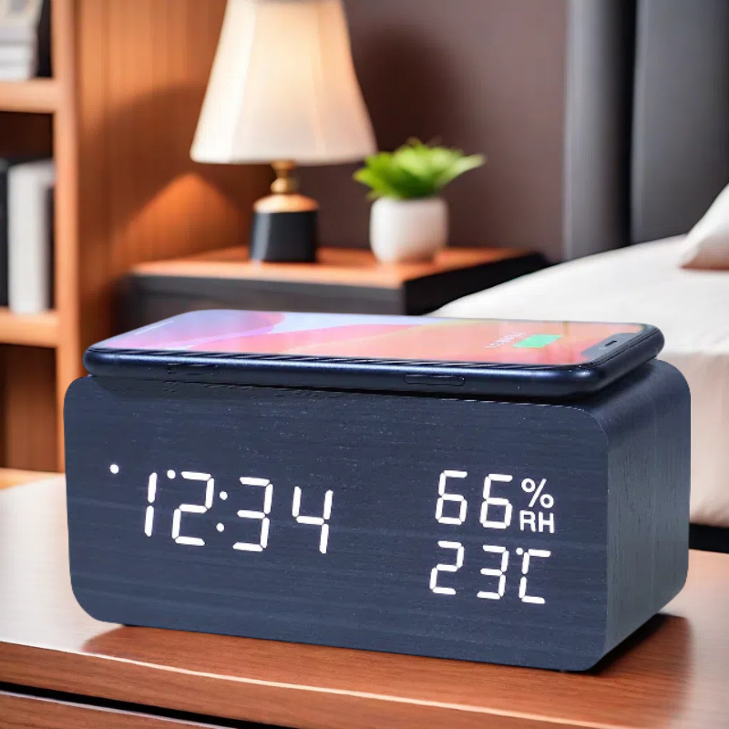 LED temperature and humidity wireless charging wooden clock, mobile phone wireless charging desktop silent electronic clock alarm clock