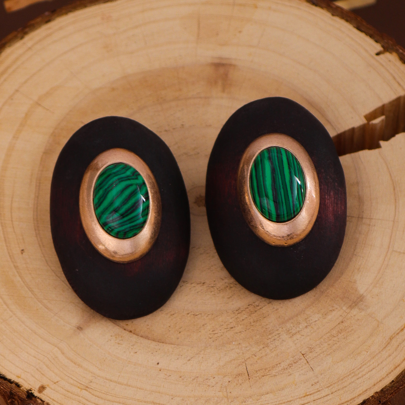 Original Design Wind Accessories Exaggerated Wood Oval Stone Metal Stud Earrings Women