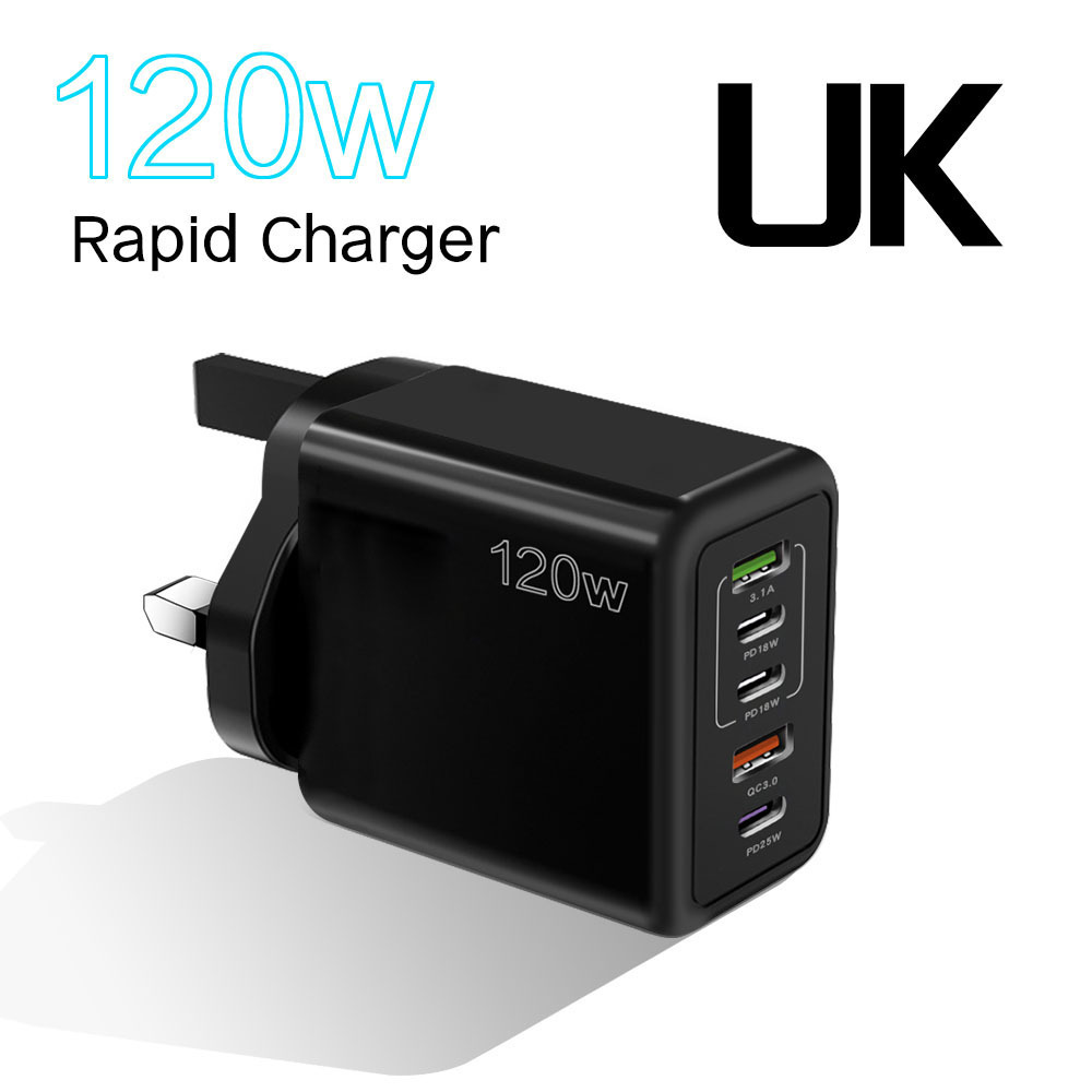 Exclusive 3PD+2USB Phone Charger Multi-Port Fast Charger UK/HK Plug 120W Adapter