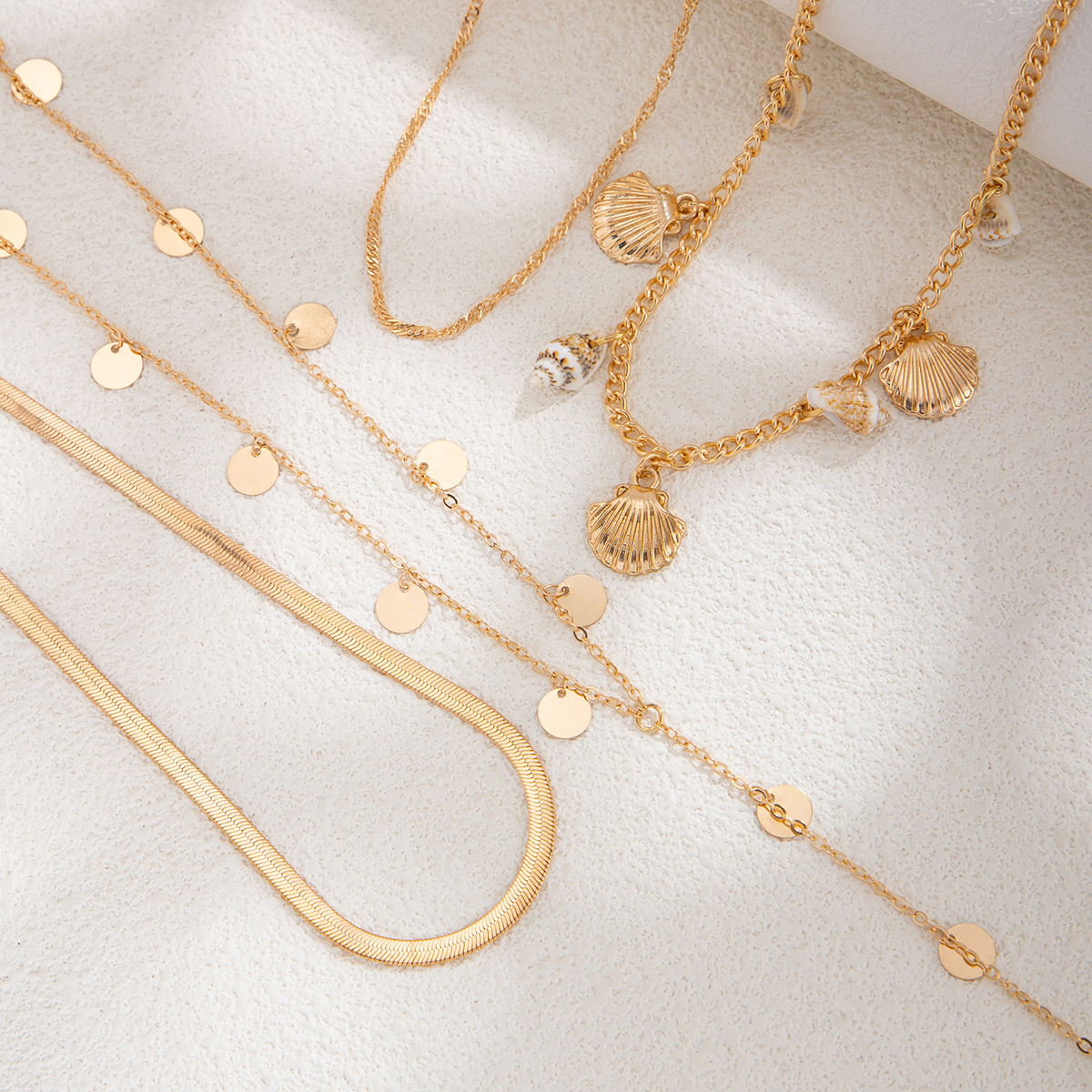 Ocean resort style fan shell conch necklace sequin chain layered collarbone necklace