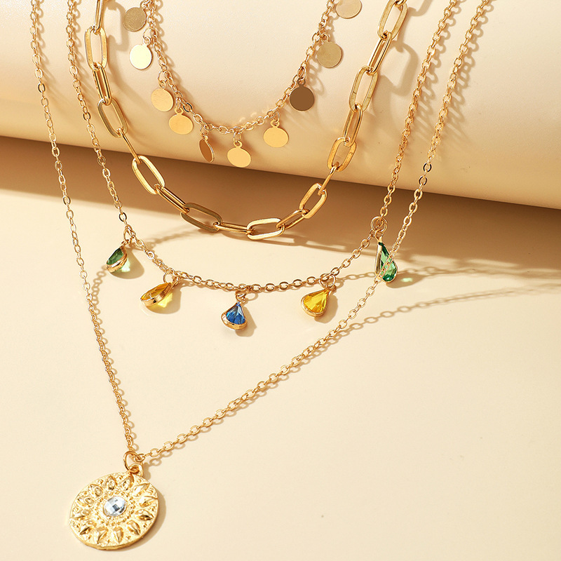 New Multi-Layer Layered Necklace Set Women Gemstone Pendant Choker Round Piece Tassel Neck Chain