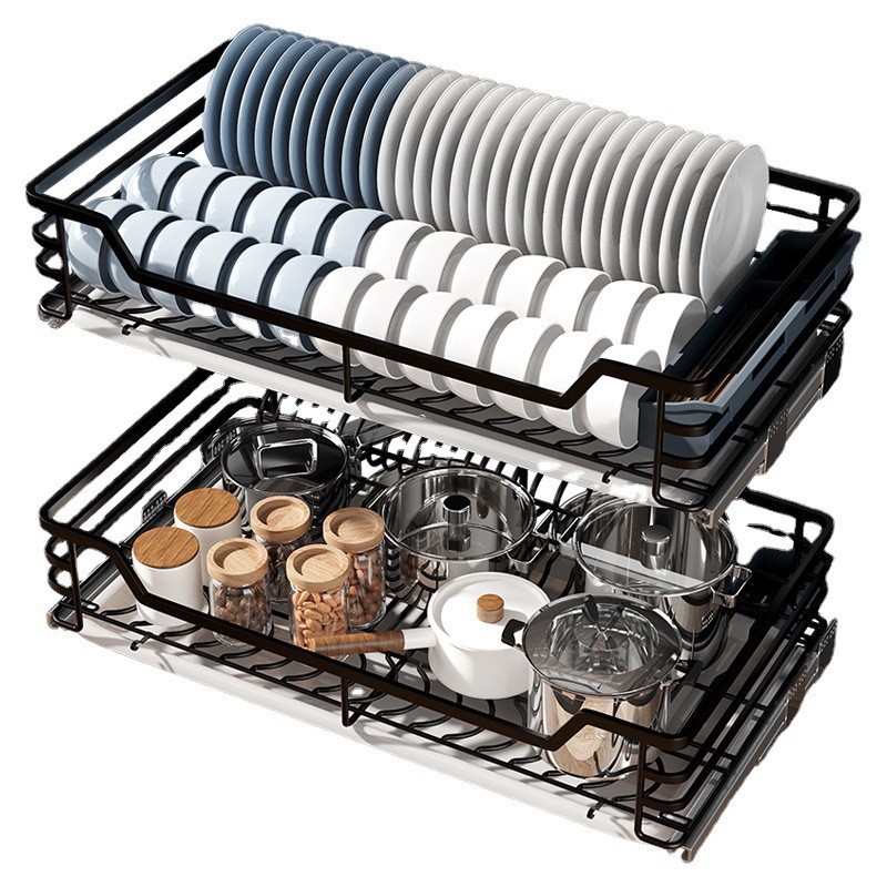304 stainless steel kitchen seasoning pull-out basket cabinet drawer type bowl rack double-layer solid pull-down storage bowl basket