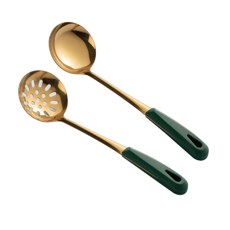 New 304 stainless steel soup spoon, soup slotted spoon, long-handled hot pot spoon, dark green gold-plated soup ladle kitchen set