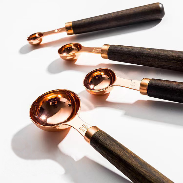 Walnut wood stainless steel measuring spoon measuring cup set 8-piece set with scale baking tool 4-piece set rose gold spoon