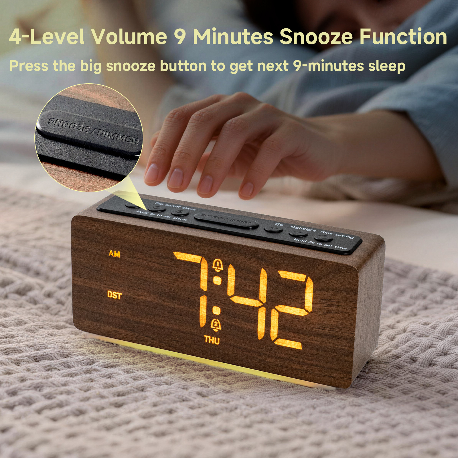 New Nordic Japanese-style wooden alarm clock, wood grain clock, luminous bedside study LED electronic clock