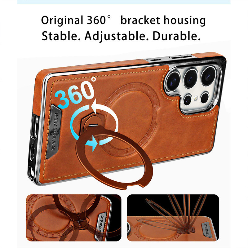 For Samsung S26Ultra Phone Case 360 Rotating Magnetic Bracket Leather Texture S25/S24 Plus Full Coverage