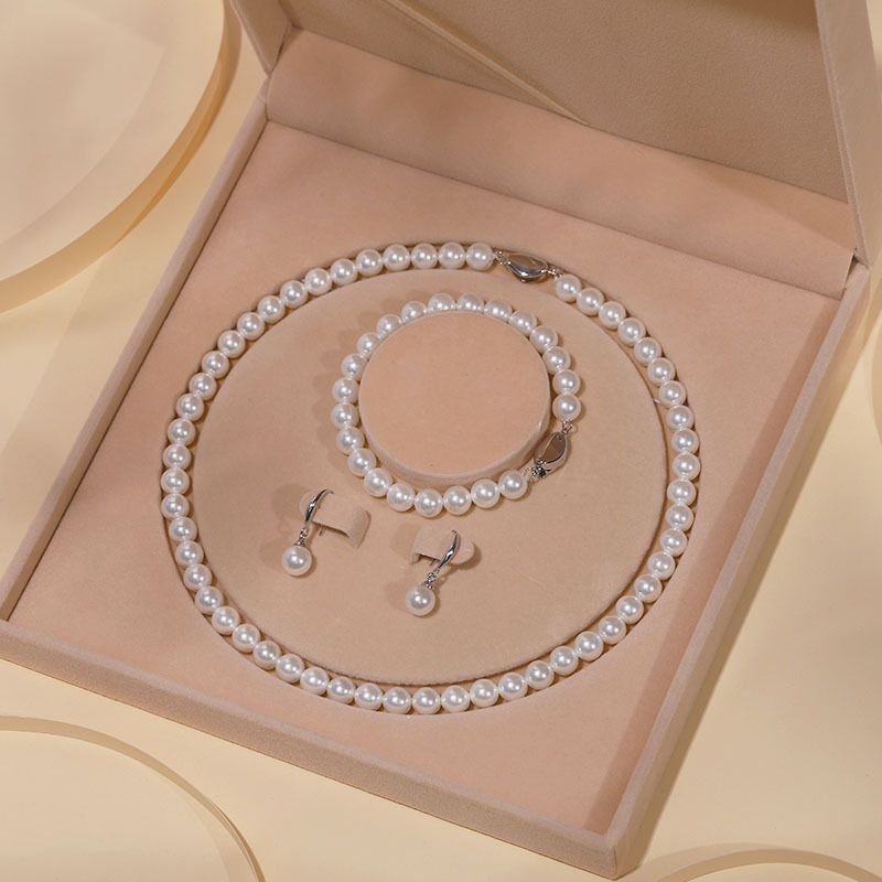 Natural Deep Sea Mother-of-Pearl Bead Pearl Necklace Clavicle Chain Jewelry Set for Women Three-Piece Mother's Day Gift