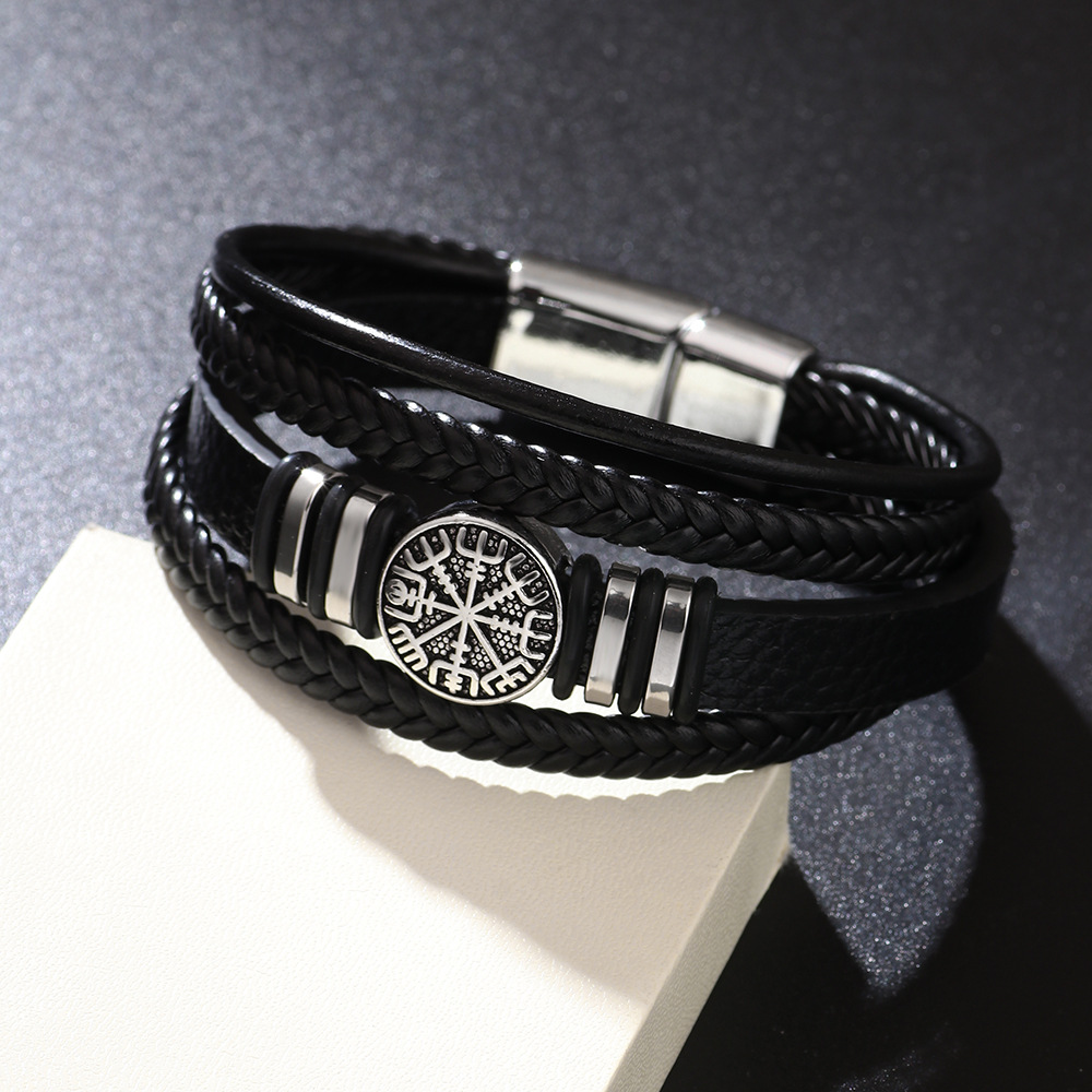Woven Leather Rope Bracelet Punk Style Multi-layer Men's Bracelet Chain Compass