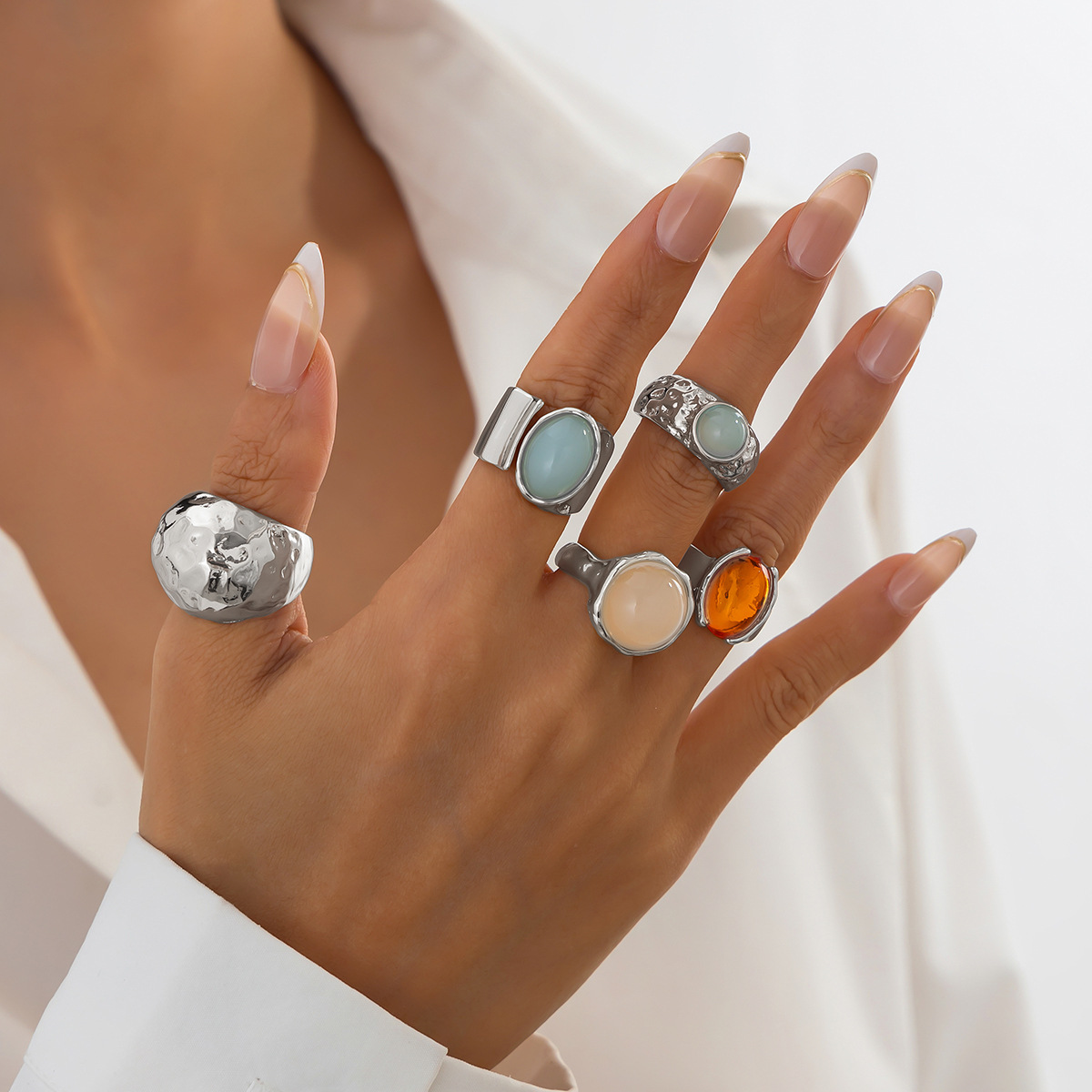 Layered gem ring set for women metal hammered texture open wide ring hand ornament