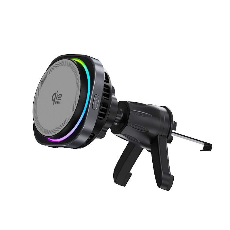 2026 New QI2.2 Fast 25W with Colorful Ambient Light Cooling Magnetic Phone Holder Car Wireless Charger