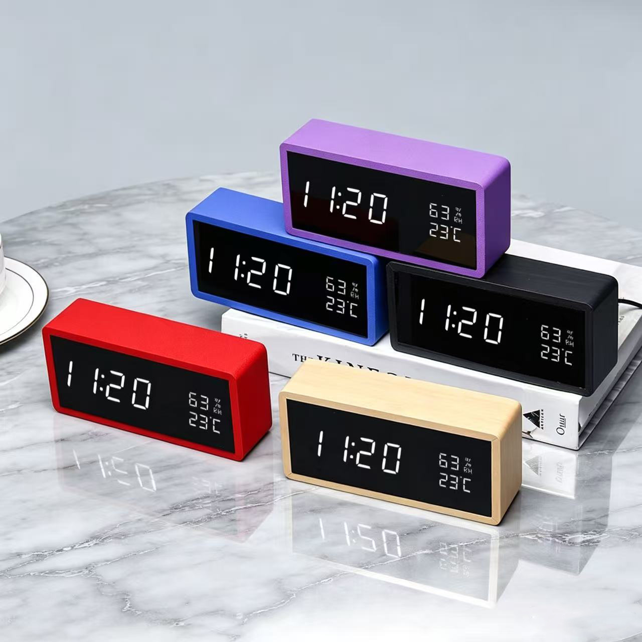 Colorful mirror clock, LED wooden clock, wooden digital clock, LED electronic clock, temperature clock, electronic alarm clock