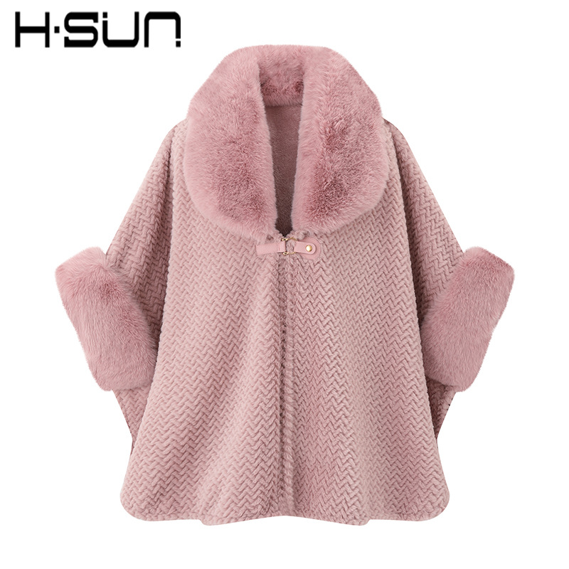 Solid Color Large Fur Collar Cape Coat Plush Thick Warm Mid-Length Loose Cape Cardigan
