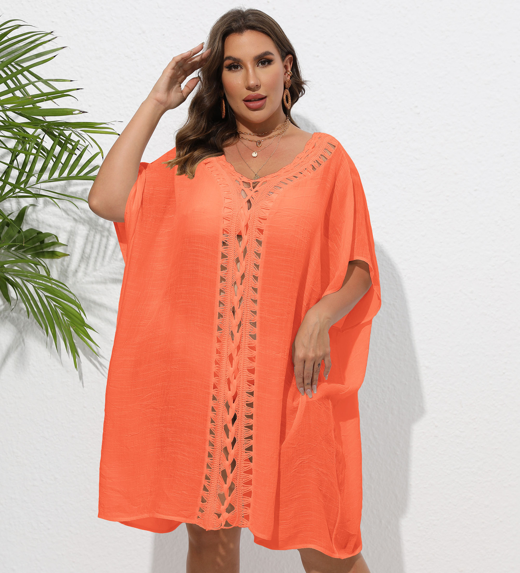 Women's Dress Plus Size Hand-Crocheted Lace-Up Loose Beach Bikini Outer Cover-Up