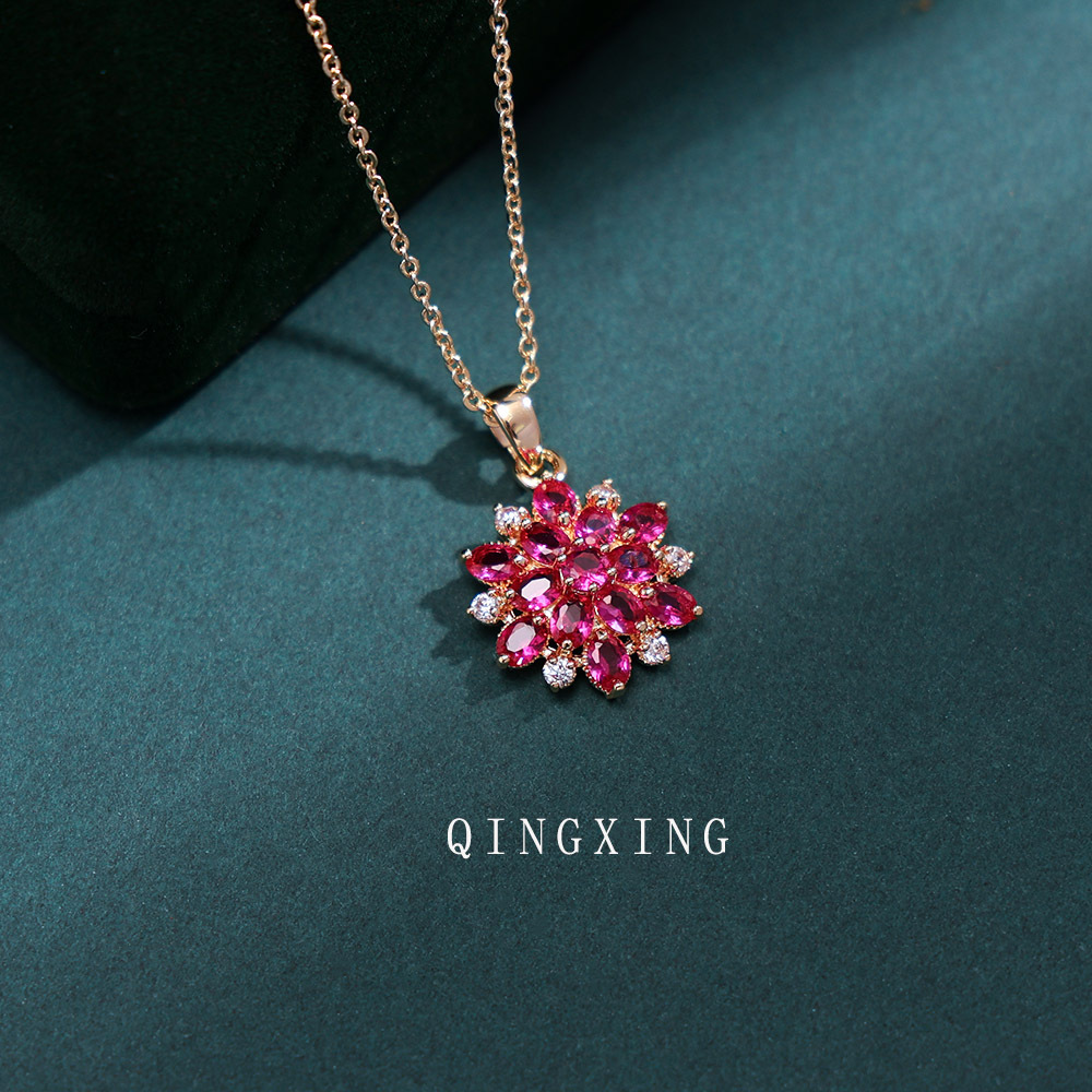 Red Corundum Three-Dimensional Flower Pendant Necklace Women's Synthetic Ruby Gold-Plated Collarbone Chain