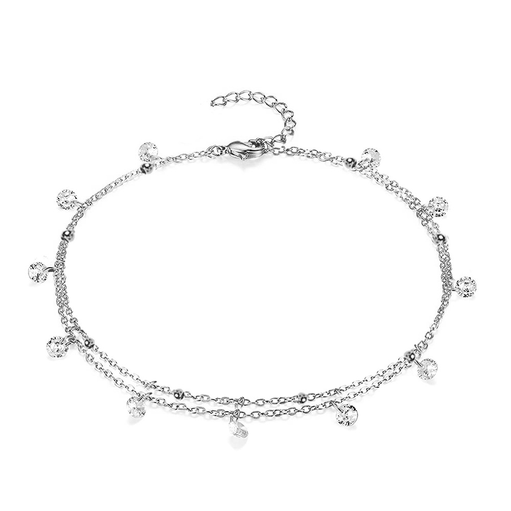 Japanese and Korean exquisite versatile zircon crystal tassel pendant bead chain, double-layer sexy beach anklet