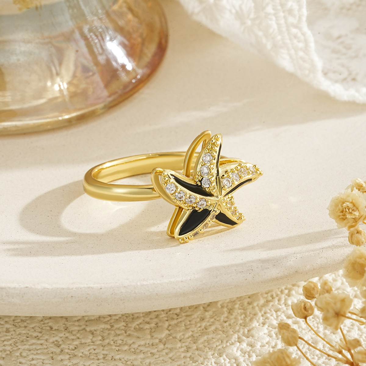 Rotating Stress-Relief Open Ring Jewelry Copper Set with Zircon Starfish Turtle Ladybug Heart Jewelry