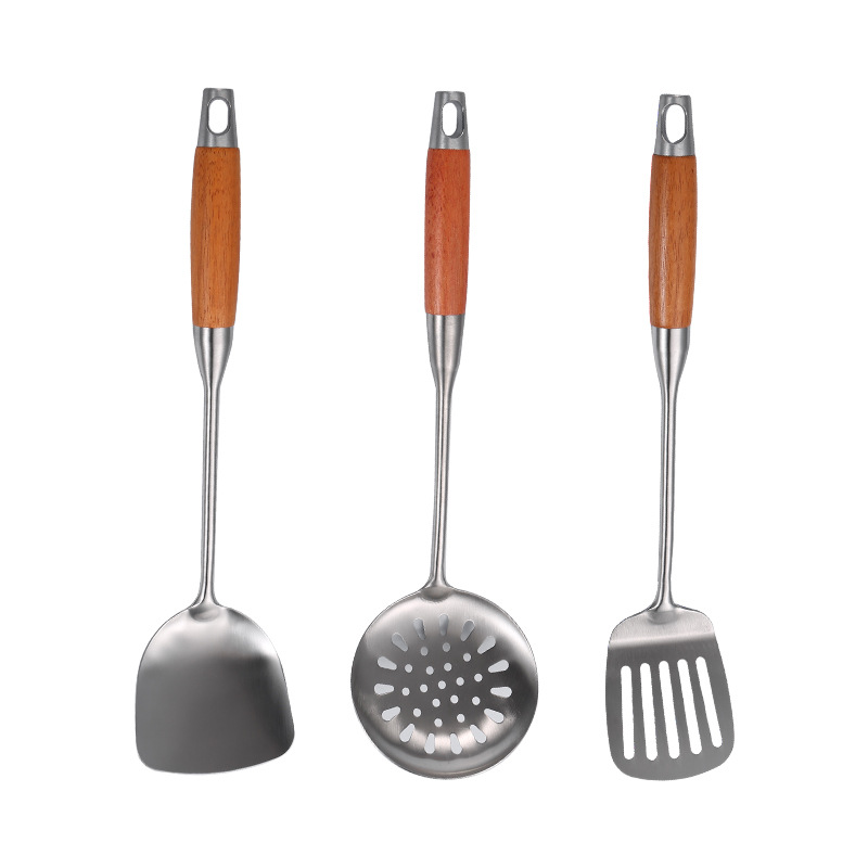 Thickened Stainless Steel Kitchen Utensils Set Wooden Handle Spatula Soup Spoon Slotted Spoon Frying Spatula Home Frying Spoon Spatula Kitchen Supplies