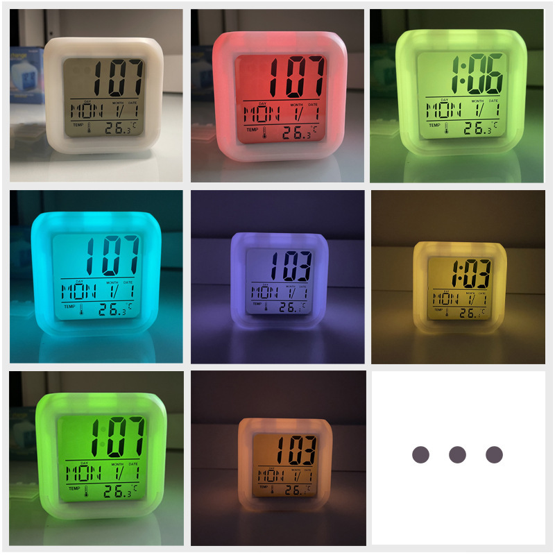 LED Colorful Changing Square Clock Student Children Temperature Night Light Electronic Alarm Clock Colorful Clock