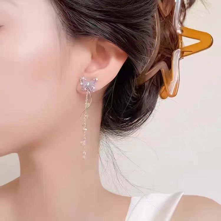 Imitation Silver Needle Purple Butterfly Earrings Niche Tassel Exquisite Unique Ear Accessories