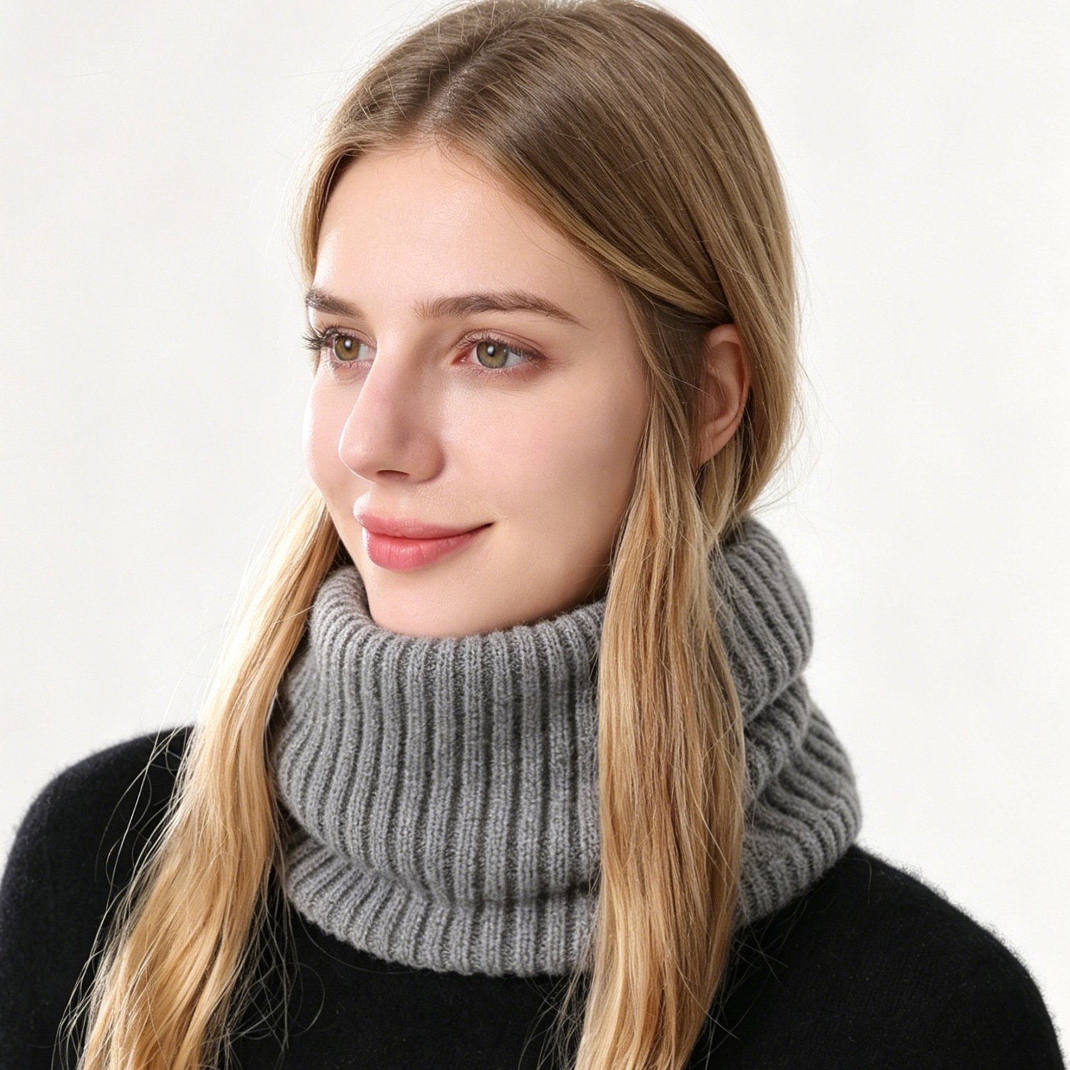 Winter Adult Neck Gaiter Double-Layer Fleece-Lined Thick Warm Unisex High-Neck Wool Knit Scarf Windproof