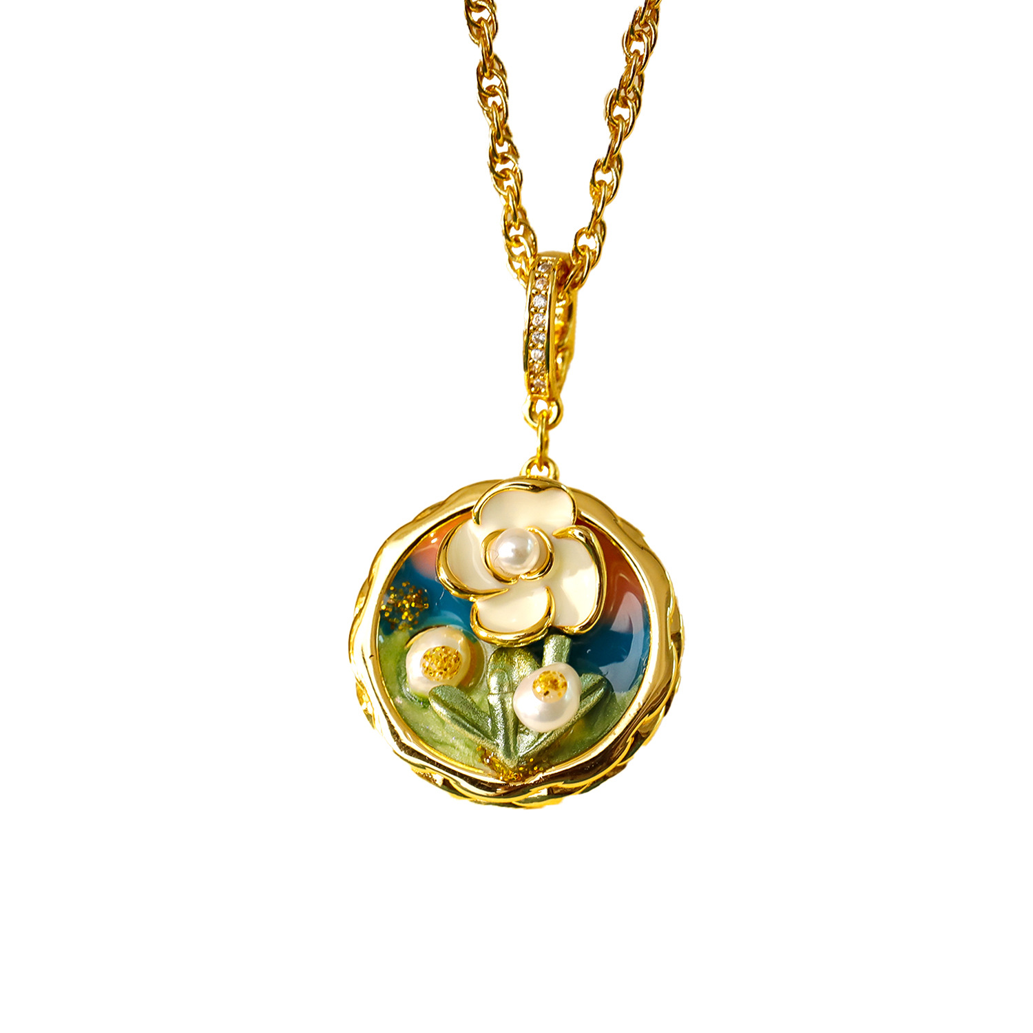 Xiaoxin Real Gold Plated Oil Painting Necklace Vintage Camellia Flower Pendant Sweater Chain Autumn Winter