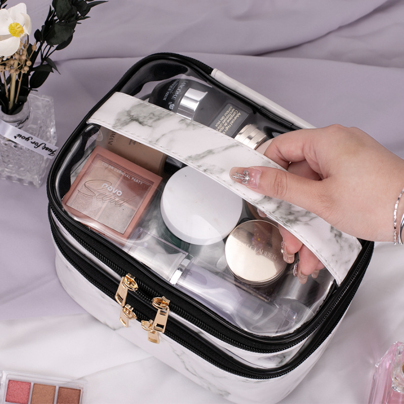 New Marble Transparent Leopard Print Double-Layer Cosmetic Bag Waterproof Portable Toiletry Bag Storage Bag for Women