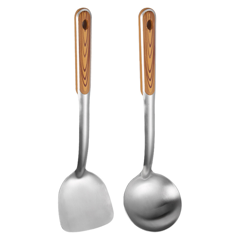 Thickened stainless steel spatula imitation wood grain soup spoon frying spatula household kitchen long handle cooking spatula kitchen utensil