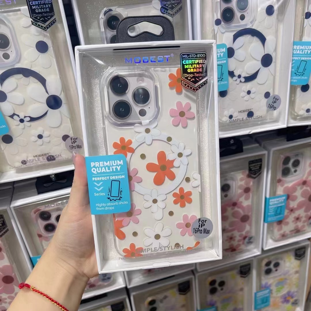 For iPhone 16 Pro Max Garden Transparent Magnetic Phone Case Apple 17 Electroplated Daisy Flower Case