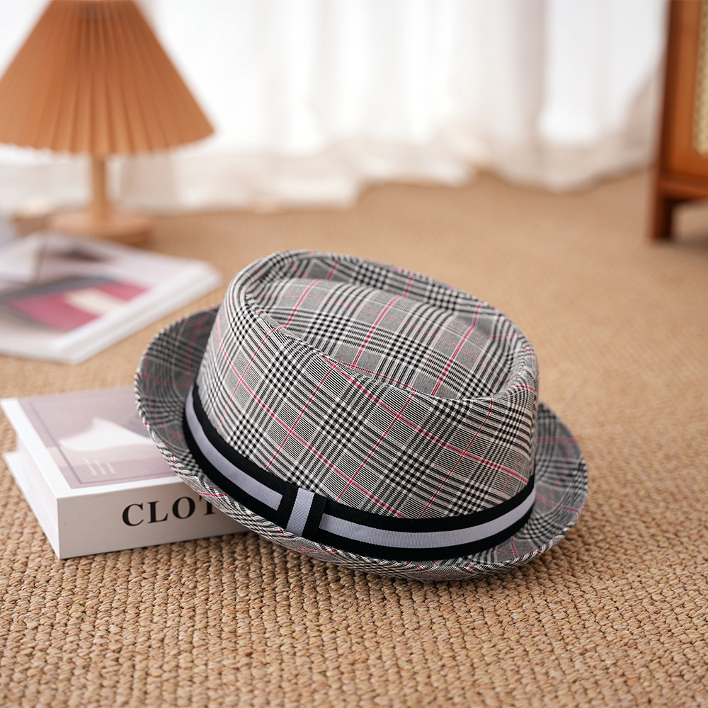 New Hat Men's Summer Short Brim Sun Plaid Jazz Gentleman Hat Women's British Round Top Fedora