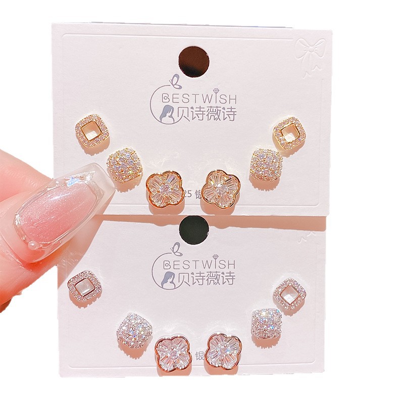 2026 flower geometric zircon exquisite three pairs of earrings, 6-piece set earrings