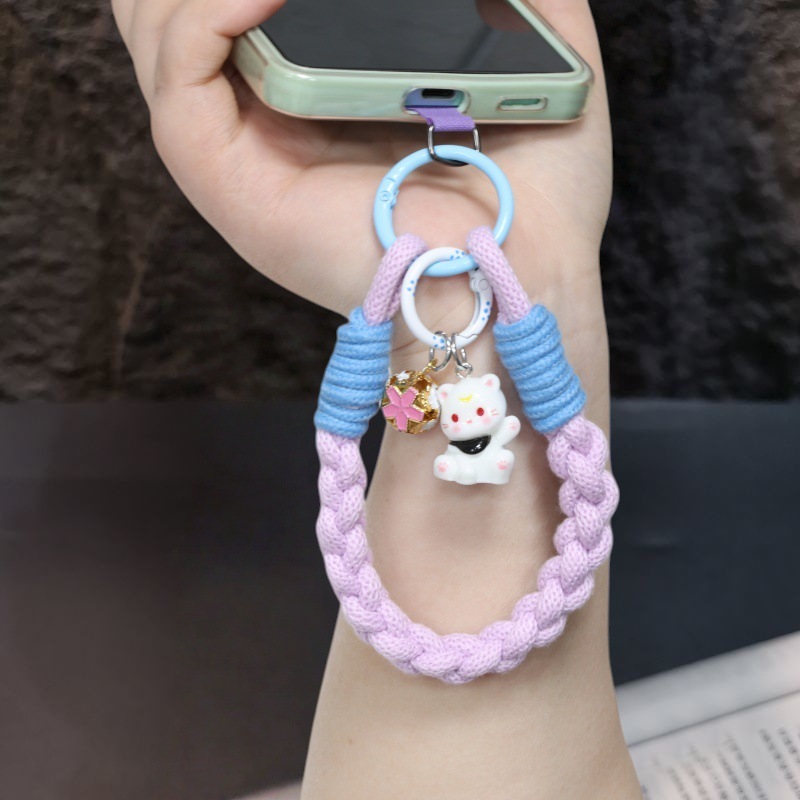 Hydrangea Phone Lanyard Hand Wrist Strap Black Brown Woven Cotton Rope Pendant Anti-Loss Phone Chain Women Cat Pendant