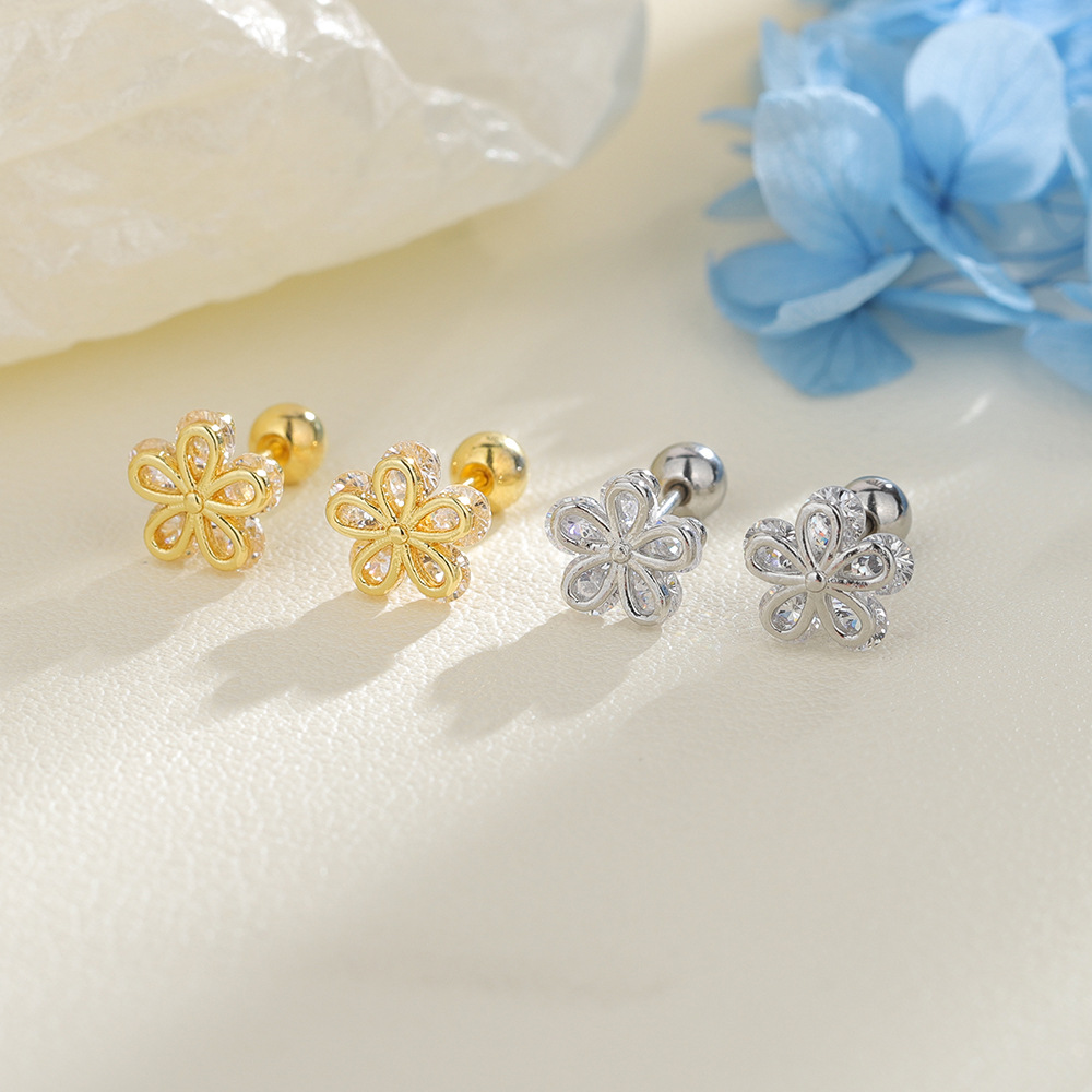 Small Flower Round Bead Sparkling Diamond Five-Petal Flower Screw Buckle Earring Hyuna Style Earring for Women