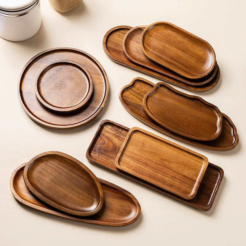 Acacia Wood Rectangular Tray Solid Wood Heat-Resistant Oval Bread Board Serving Platter for Home