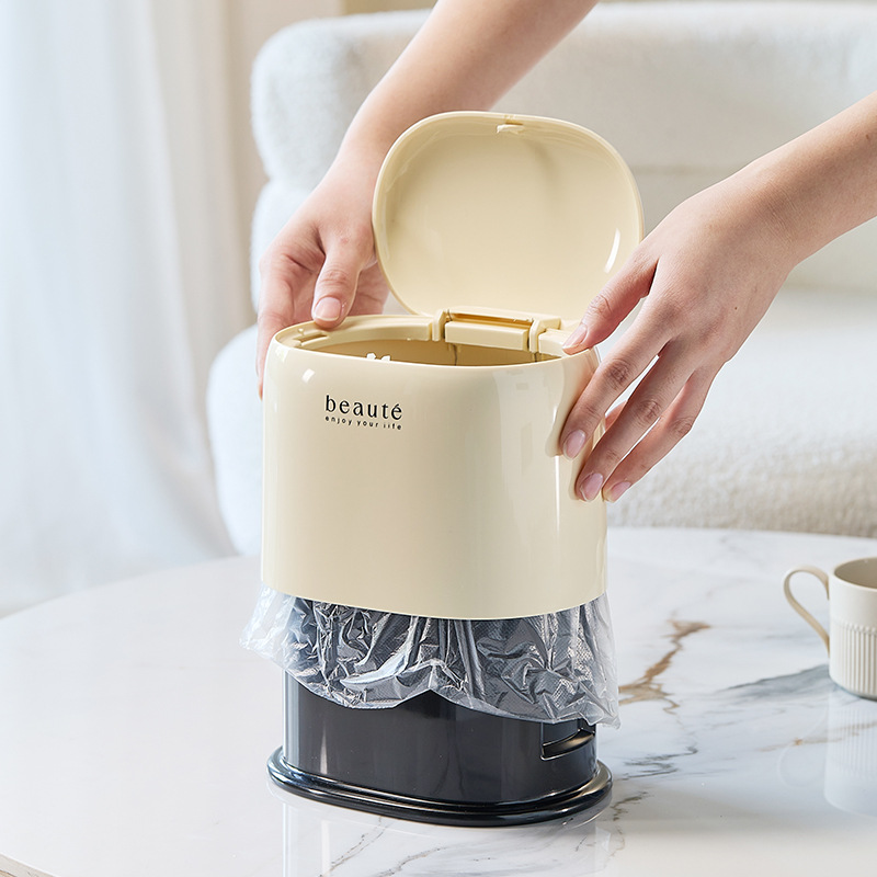 Cream Style Desktop Press Trash Can Tabletop Double Layer Storage Small Wastebasket Press Type