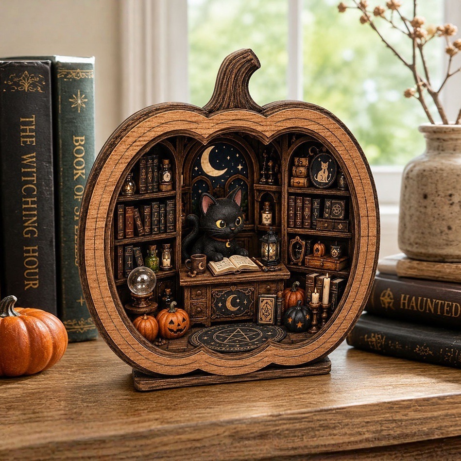 Halloween Pumpkin Magic Book House Wooden Ornament Black Cat Three-Dimensional Carving Home Decoration