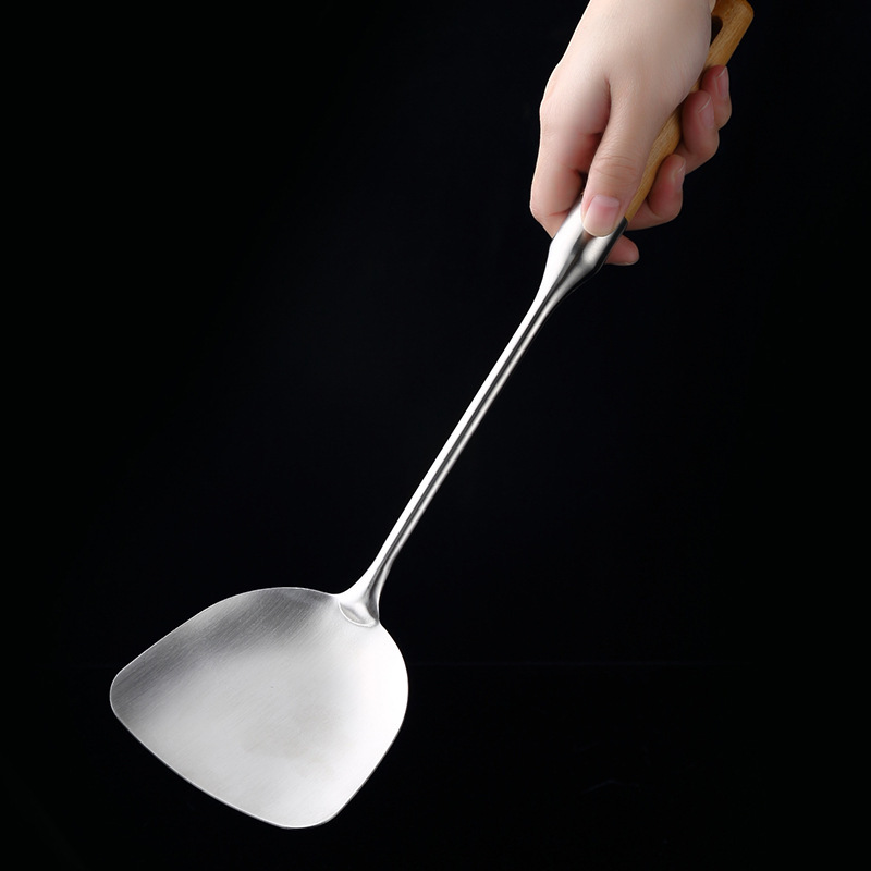 304 stainless steel spatula spoon beech wood wok spatula soup spoon anti-scald chef spoon spatula Shuangli wooden handle set long handle