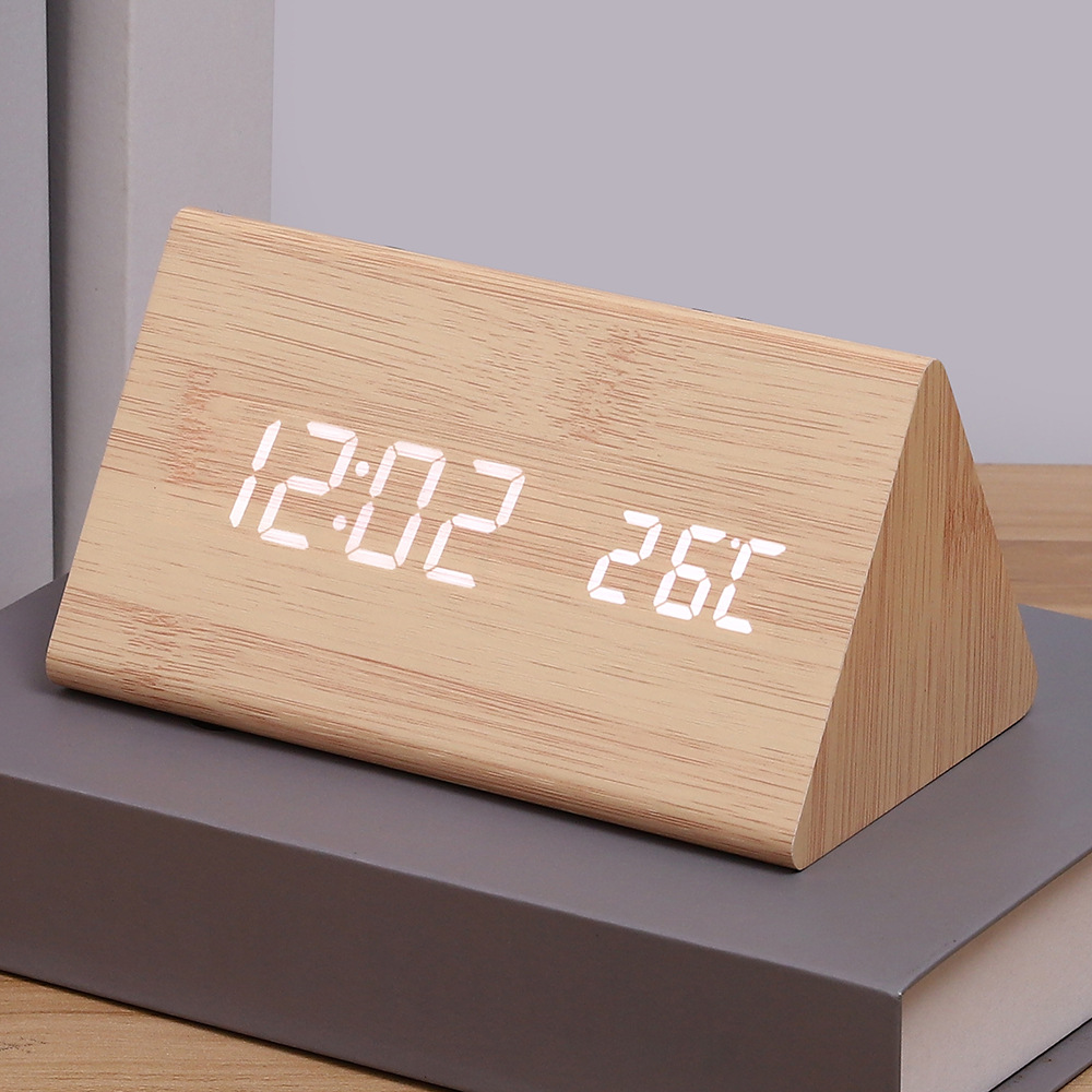 Digital LED wooden clock, temperature, calendar, quiet bedroom student alarm clock, triangular desk clock