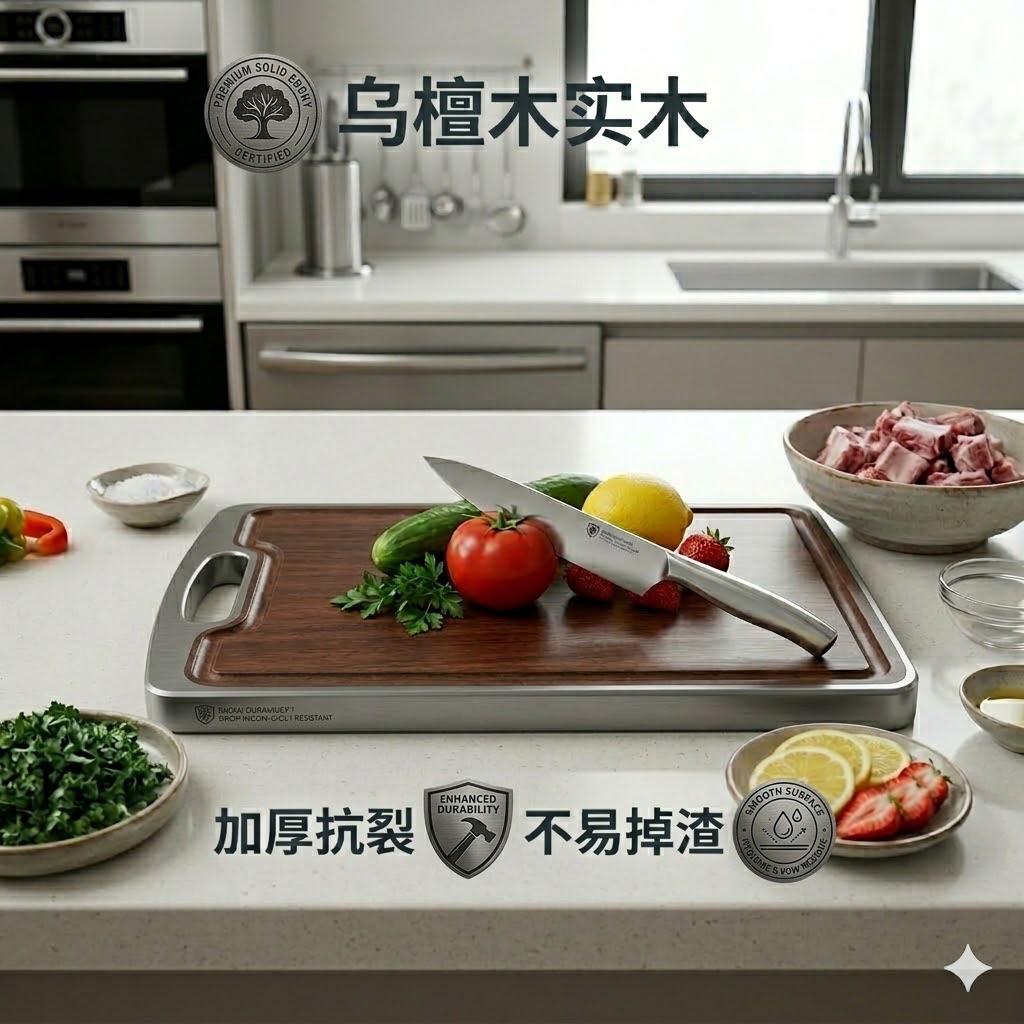 Household solid wood hanging ebony double-sided cutting board large thickened antibacterial kitchen anti-slip pure titanium cutting board