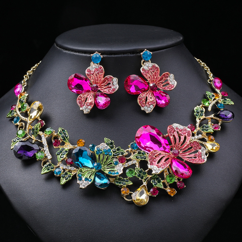 2022 New Colorful Flower Necklace Set Women Bright Bride Necklace Oil Painting Gemstone Collarbone Chain
